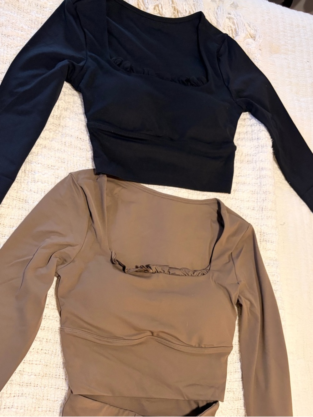 Square Neck Long Sleeve Crop Top - Black & Taupe